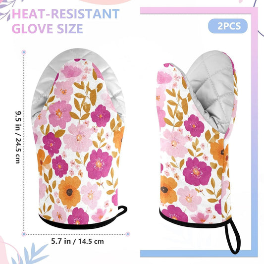 Oven Mitt 2 Pack Set Blossom Pink Flowers Kitchen Mitts Gloves for for Cooking Baking Grilling