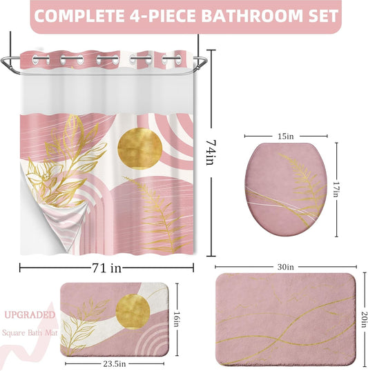 Light Pink Bathroom Sets with Hookless Shower Curtain and Rugs Cute Blush Pink Mid Century Modern No Hook Shower Curtain and Liner Set 4 Piece with Bath Mat and Toilet Lid Cover