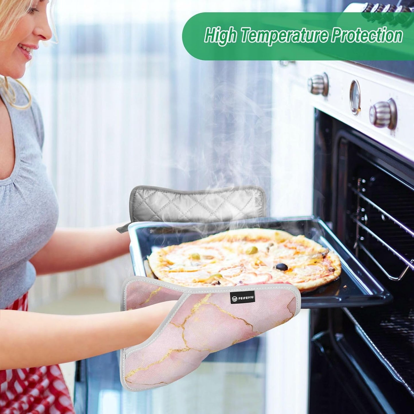 Kitchen Potholder Light Pink Marble Stone Pot Holders Set of 2 Heat Resistant Potholders Oven Hot Pads with Pockets for Countertop Trivet Baking Cooking BBQ