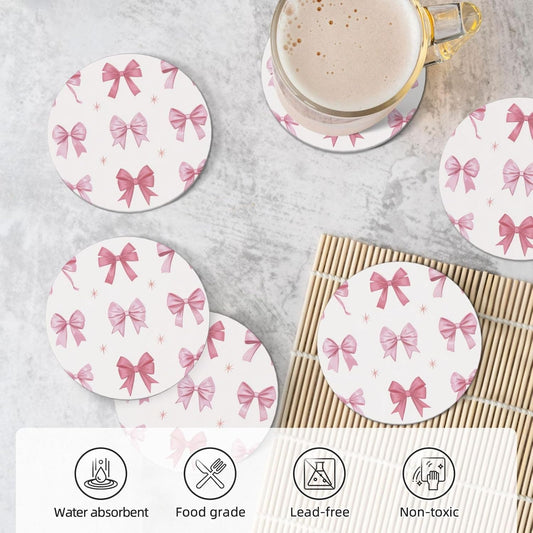 Nine Light Pink Bows Ceramic Coasters with Holder Set of 6 Coffee Cup Drink Coasters