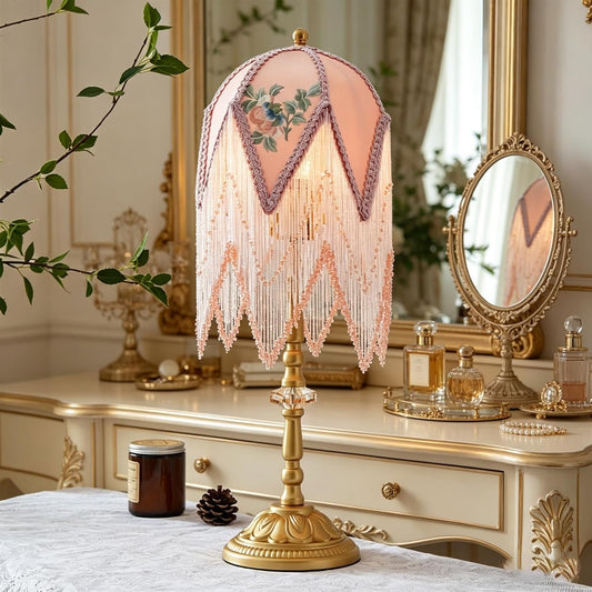 Vintage Pink Table Lamp, Victorian French Country Desk Lamp with Floral Embroidery & Beaded Tassels, Gold Metal Bedside Lamp for Bedroom Vanity Living Room