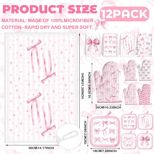 SiliFine 12 Pcs Pink Kitchen Accessories Set Bows Pot Holders Oven Mitts and Kitchen Towels Coquette Potholders Cooking Mittens Oven Glove for Home Baking Cooking Supply Gifts