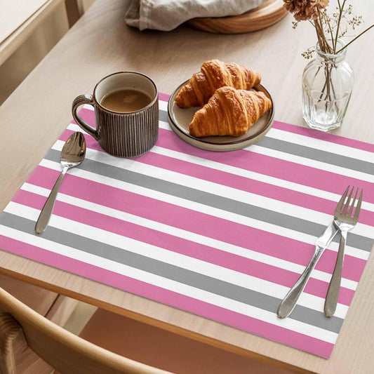 Pink Grey and White Stripes Placemat Set of 6 Non-Slip Placemats for Dining Table Farmhouse Stripe Washable Table Mats, Heat Resistant Kitchen Table Mats for Party, Dining Room & Home Decor