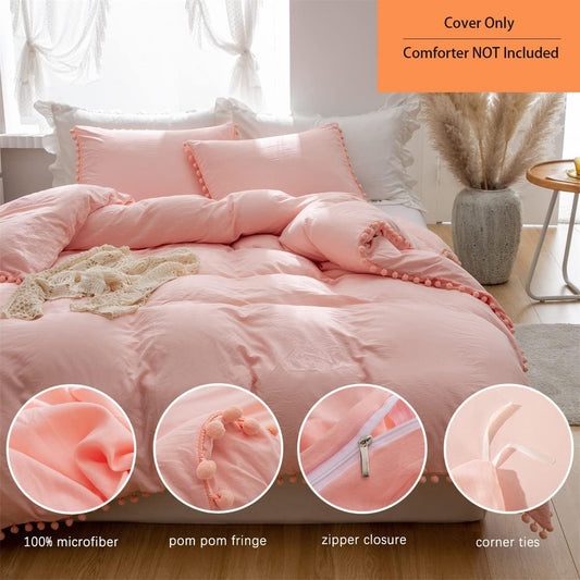 IHOUSTRIY Duvet Cover Full Size,100% Washed Microfiber 3pcs Bedding Duvet Cover Set, Pom Poms Fringe Solid Color Soft and Breathable with Zipper Closure & Corner Ties (Peach Pink, Full)