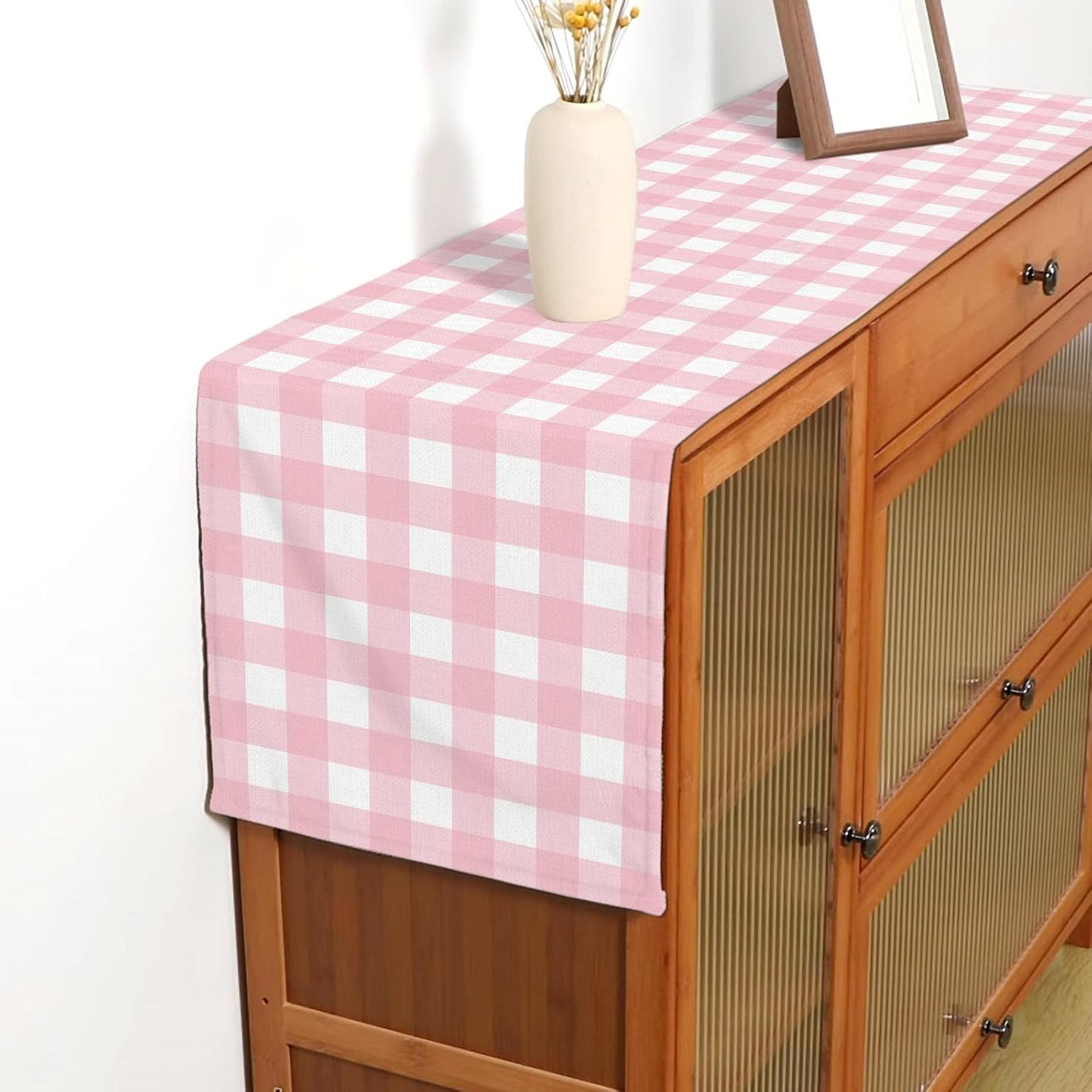 Cowgirl Pink Gingham Party Supplies Light Pink and White Checkered Table Runner Easter Baby Shower BBQ Picnic Home Kitchen Island Decor