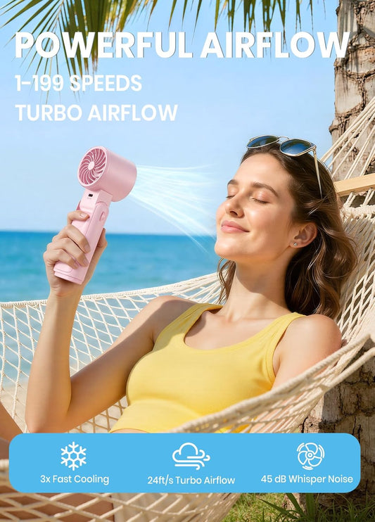 Portable Handheld Turbo Fan, 1-199 Speed Adjustable with LED Display, High-Power Motor, Rechargeable Battery, 4 IN 1 Pocket Design Mini Fans for Indoor/Outdoor/Travel/Work, Pink