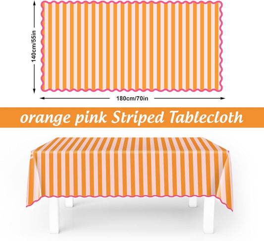 Whaline Scalloped Edge Tablecloth, Orange Pink Striped, 55 x 70 Inch | Waterproof Fabric Tablecloth, Rectangle Table Cover, for Home Kitchen Table Decoration