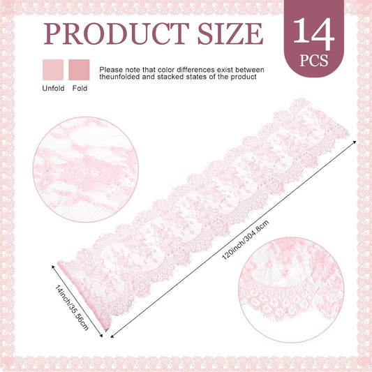 14 Pcs Rose Pink Lace Table Runner 14 x 120 Inch Wedding Romantic Floral Table Cloths Embroidered Runner Decorations for Bridal Shower Birthday Party