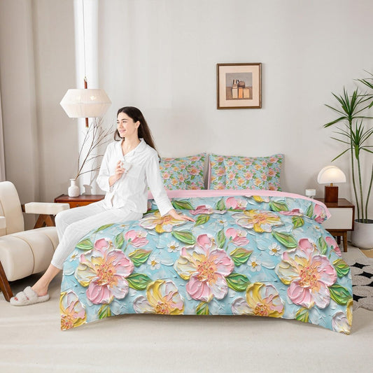 Pink Flower Queen Comforter Set with Sheets, Spring Peach Blossom Water Color 7 Piece Bedding Sets Garden Botanical Daisy Bed in a Bag, Green Leaves Plant Bed Set, Cute Room Decor Aesthetic