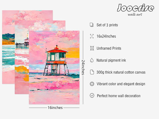 Beach Boho Wall Art Prints Set of 3 Preppy Coastal Wall Decor Pictures Pink Beach Canvas Wall Decor Art Pastel Surf Art Lighthouse Poster Coastal Artwork for Living Room Bedroom 16x24 Inch Unframed