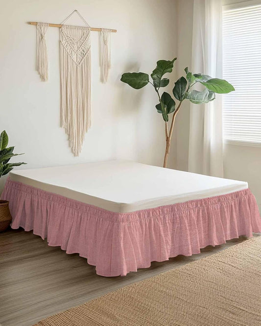 Bed Skirt Peach Pink Linen Bedskirt 16 Inch Drop Farmhouse Pure Color Adjustable Elastic Wrap Around Bed Skirts Dust Ruffle for Queen Size Bed Frame Cover
