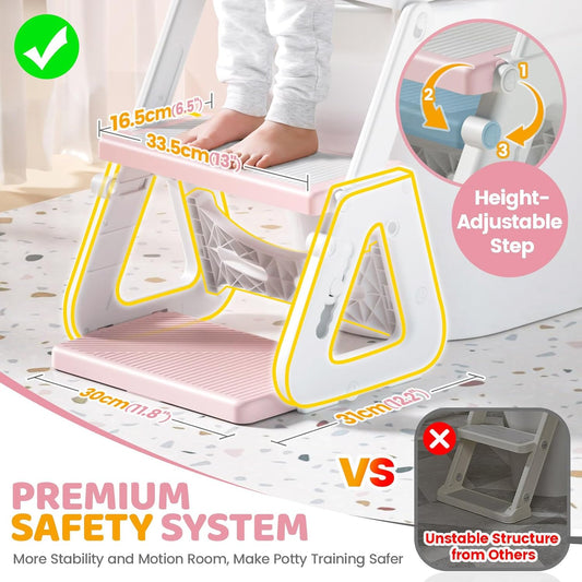 Orzbow Potty Training Seat with Step Stool Ladder for Toddlers, 7 Height Adjustable 2-in-1 Potty Training Toilet for Boys Girls, Splash Guard, Non-Slip, Stable Triangular Fits Most Toilets, Pink