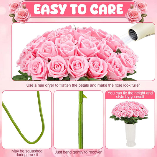 36 Pcs Pink Velvet Texture Soft Artificial Flowers Bridal Bouquet, Real Touch Fake Rose Long Stem Realistic Flowers Bulk for DIY Wedding Ball Arrangement Centerpiece Party Home Decor
