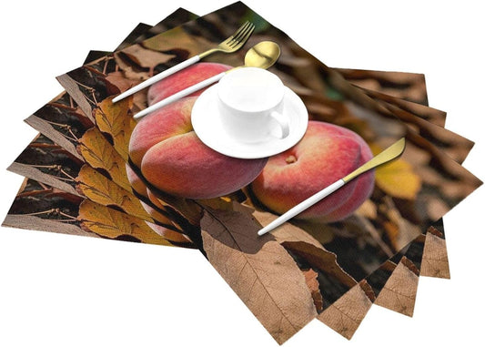Pink Peach Fruit Fall Placemats Set of 4 PCS - Woven Vinyl Kitchen Table Placemats - Heat Resistant Non-Slip Place Mats for Dining Table, Washable Indoor Outdoor Table Mats 12x18 Inch