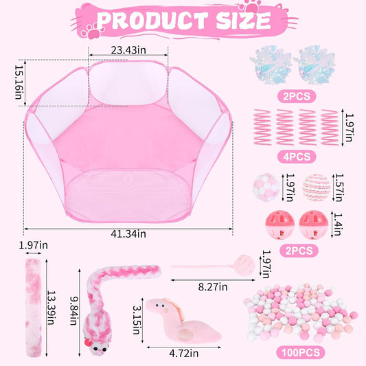 Foxtell Pink Cat Ball Pit Include 115 PCS Interactive Cat Toys for Indoor Bored Self Play Enrichment Toy for Indoor Cats Interactive Fun and Exercise