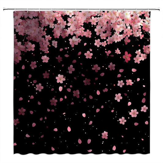 GCTNBJL Cherry Blossom Shower Curtain Pink Falling Flower Spring Asian Nature Dreamy Aesthetic Black 70x70(WxH) Inches Bathroom Decor Fabric Curtain with Hooks
