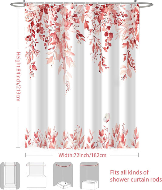 Eucalyptus Shower Curtains for Bathroom, Pink Watercolor Leaves with Floral Shower Curtain Sets with Hooks, Waterproof Fabric Botanical Bathroom Decor, 72x84 Inches