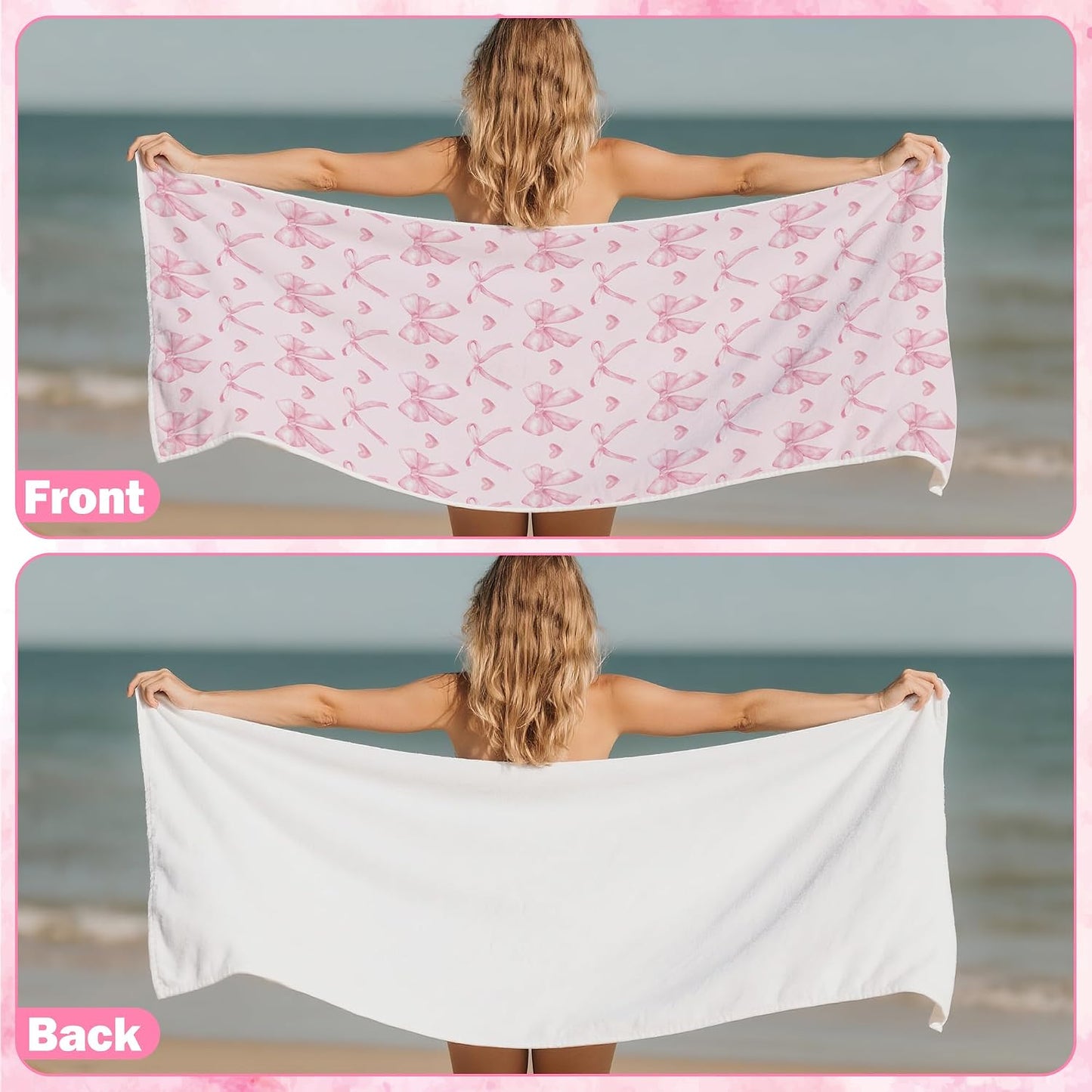 Coquette Pink Bow Magnetic Beach Towel - 75"x30" Sand Free Quick Dry Microfiber Towel with Built-in Magnets Lightweight for Beach Chair Car Door Pool Travel Camping Yoga with Storage Bag