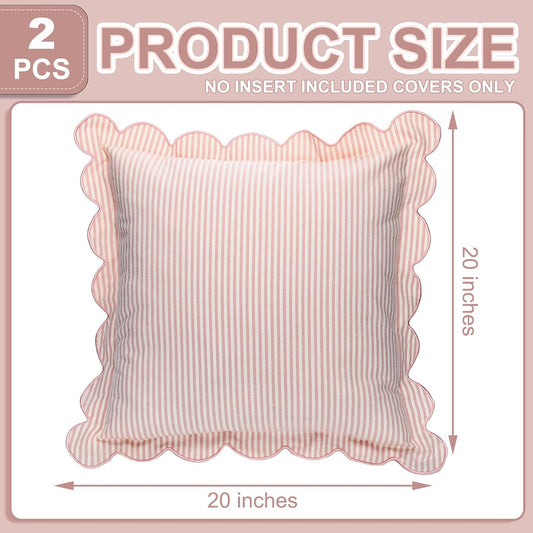 Newwiee 2 Pack Scalloped Pillow Cover 20 x 20 Inch Pink Stripe Throw Pillow Cover Cotton Decorative Pillowcase for Women Men Couch Living Room Cushion Indoor Outdoor Decoration