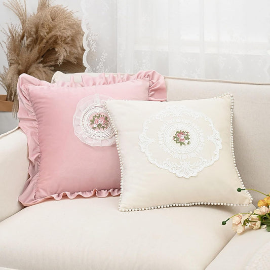 JadeRich Lace Embroidery Decorative Throw Pillow Covers Vintage French Country Style Pillowcase with Ruffles/Pom Poms 20x12 inch