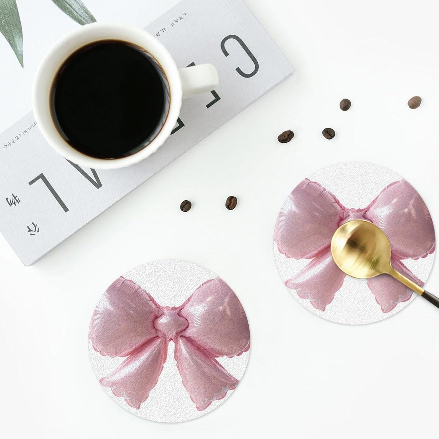 Light Pink Bow Balloon Drinks Coasters Set of 4 Leather Drink Coasters for Tabletop Protection Heat Resistant Bar Cup Mat Pad