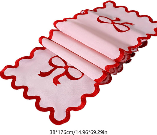 15" x 69" Pink Bow Table Runner for Wedding Christmas Birthday Party Decorations Cute Embroidered Ruffle Red Pink Bows Table Runner for Baby Shower Valentines Day Home Kitchen Dining Room Decor