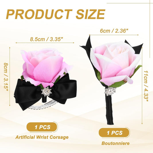 uxcell 2Pcs Rose Wrist Corsage Boutonnieres Set, Artificial Wrist Corsages Men Boutonnieres with Black Satin Ribbon Rhinestone Decor for Prom Wedding Party, Rose Pink