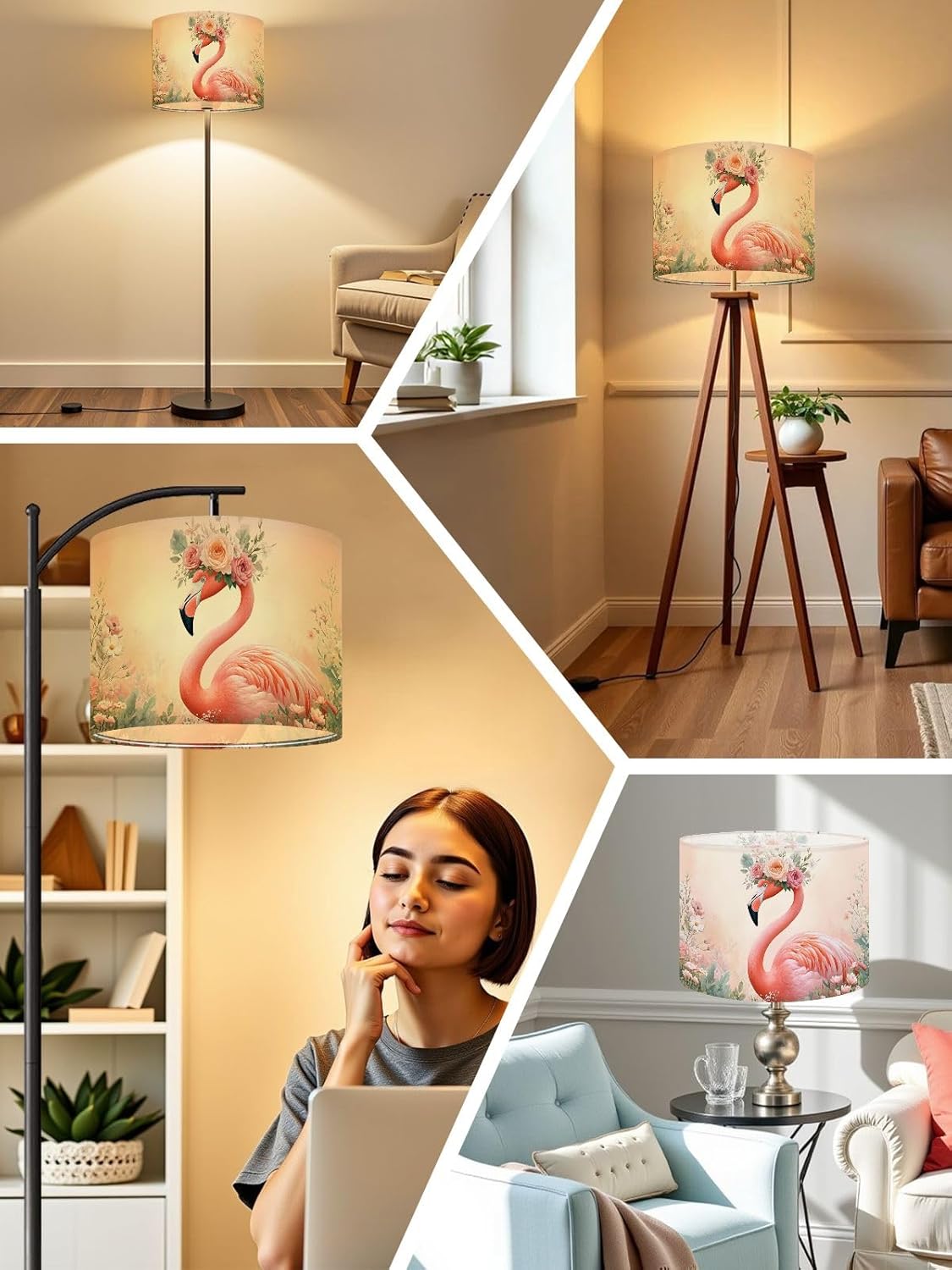 Flamingos Linen Drum Lamp Shades Easy Assembly, 13" x13" x10" Tropical Animal Pink Modern Roses Floral Crown Pastel Colors Feathers Lampshade for Table Lamps Floor Lamps Replacement Lamp Shade
