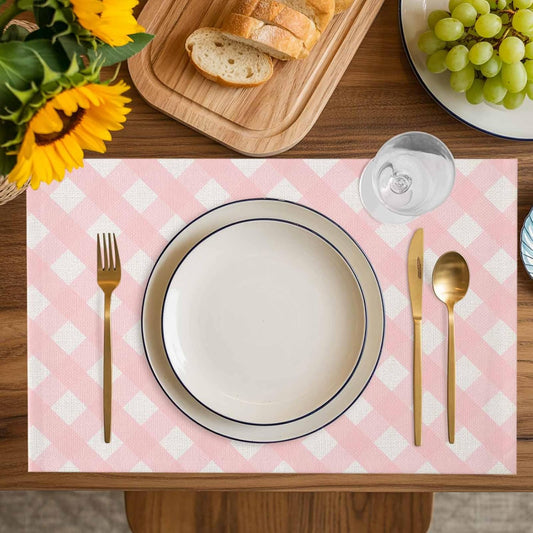 Placemat Set of 8 Minimalist Farmhouse Dining Table Placemats Classic Pink White Gingham Checkered Heat Resistant Washable Table Mats Non Slip Kitchen Placemats for Dining Room Home Decor