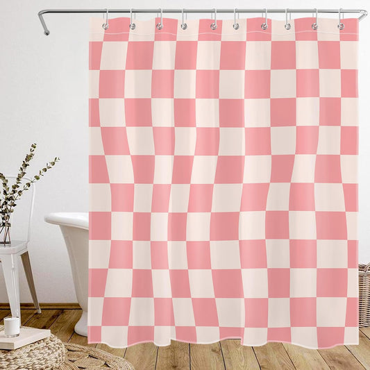 Pink Abstract Checkered Shower Curtain for Bathroom, Pink and Beige Retro Plaid Shower Curtain Modern Minimalist Polyester Fabric Bathroom Decor, 60W x 72L inches