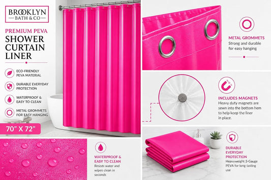Home Expressions 3 Gauge Shower Curtain Liner – 70 x 72 Vinyl Shower Curtain with 12 Metal Grommet and 3 Magnetic Weights – Odor Free and Compatible with Standard Showers. (Neon Pink)