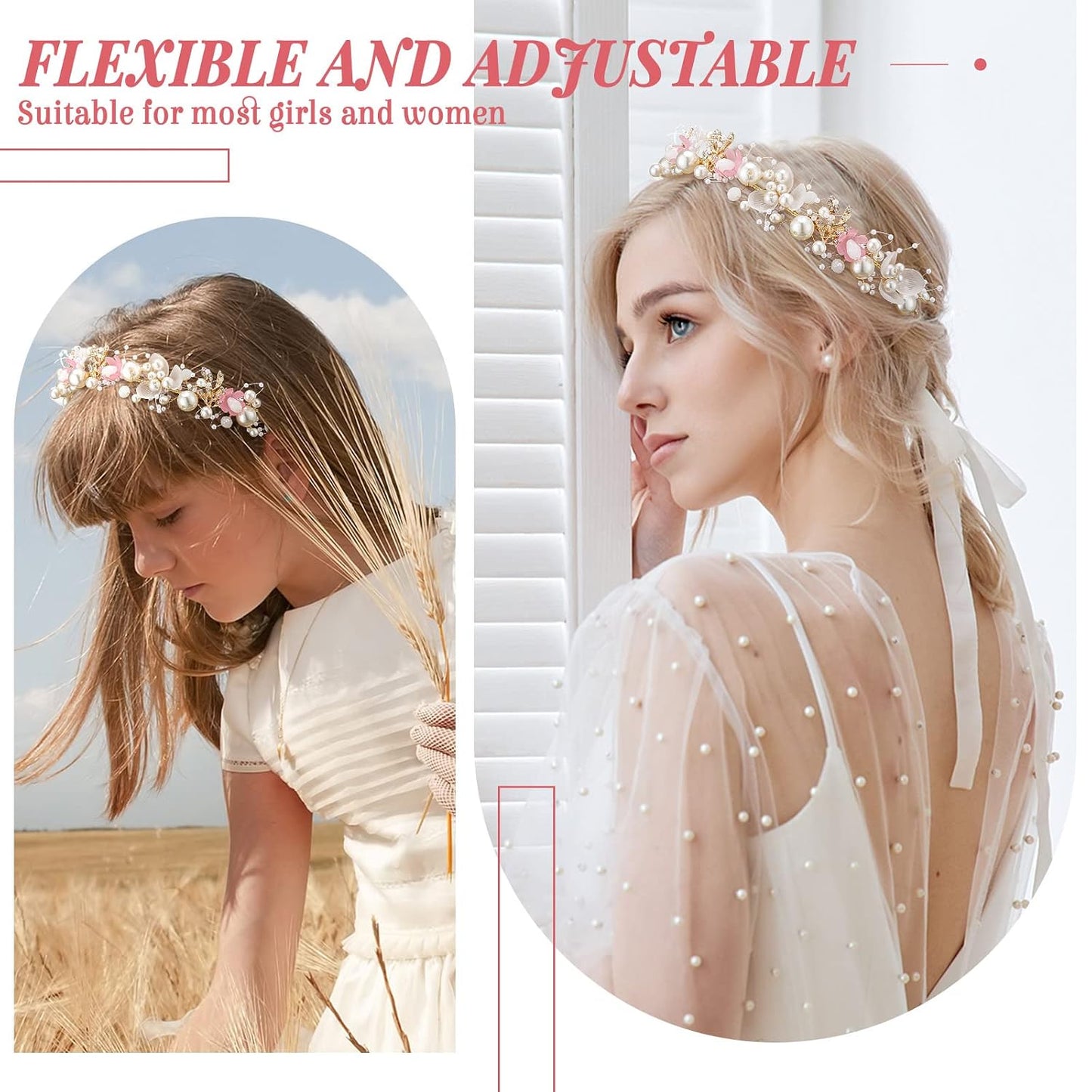 Retrowavy 2 Pcs Flower Girl Headpiece, Flower Girl Hair Accessories Rhinestone Crystal Princess Pearl Headband Bridal Hair Headband for Wedding First Communion(Pink)