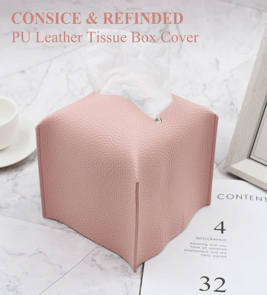 Livelab Tissue Box Cover Holder, Square Modern Decoration PU Leather Facial Tissues Case Roll Paper Dispenser for Bathroom Vanity Countertop, Night Stands, Office Desk Car 5X5X5'' | Pink