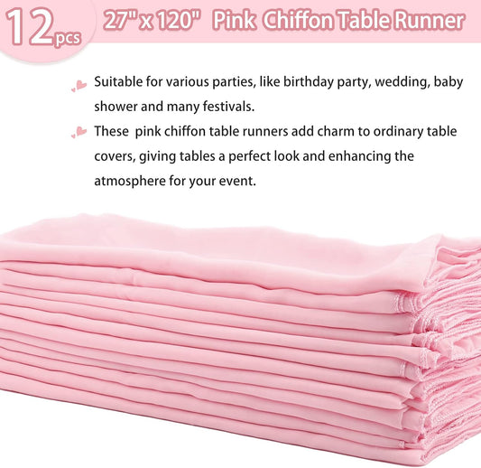 Fivenl 12 Packs Chiffon Table Runner - 27 x 120 Inches Sheer, Romantic for Wedding, Birthday, Party & Baby Shower Decoration (27" x 120", Pink)