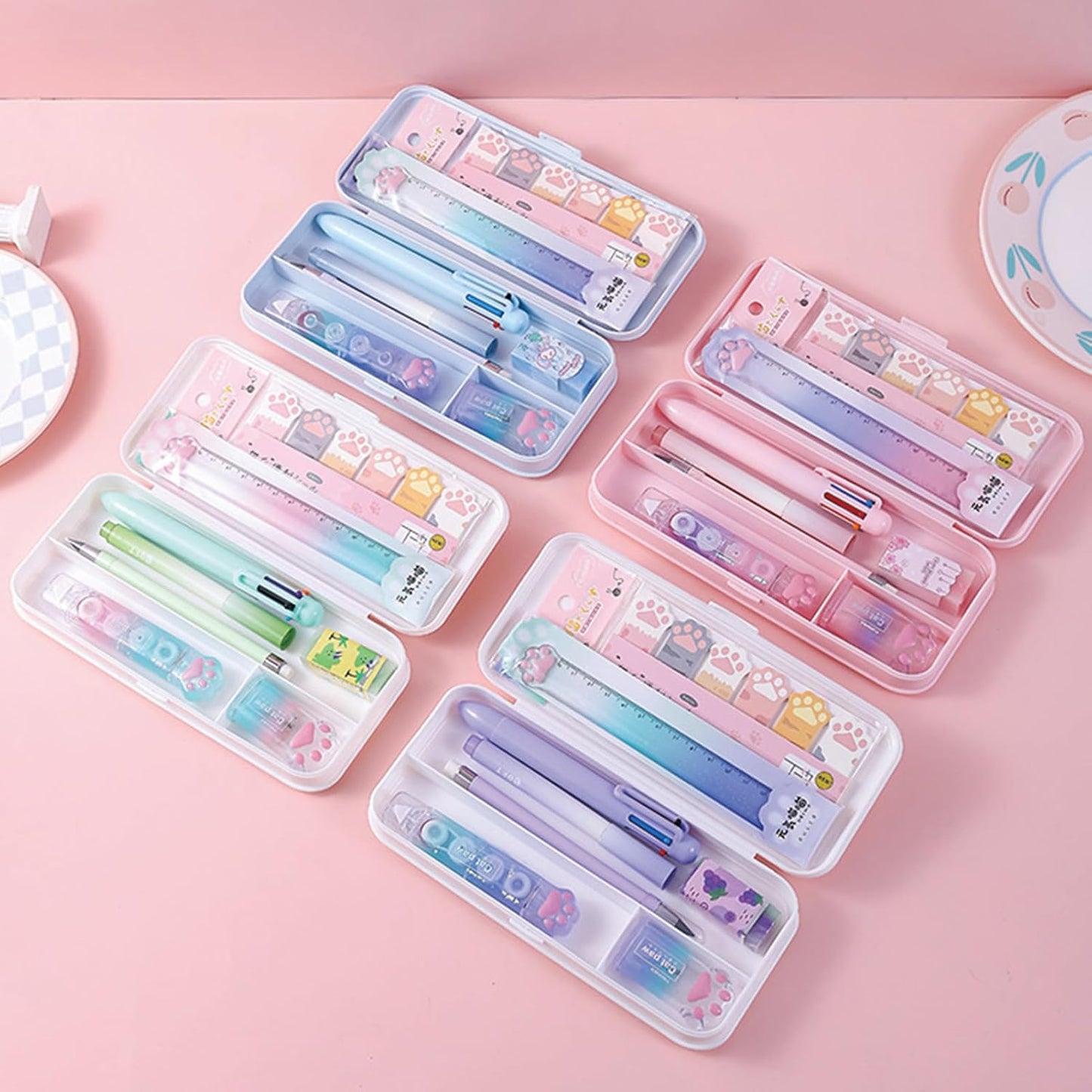 MOZXIRZ 9 Pcs Cute Pink Stationery Set for Girls Boys Kids Women Back to School Supplies Office Supplies Cartoon Cat Paw Stationery Set Aesthetic Kawaii Stationery Gift (Pink)