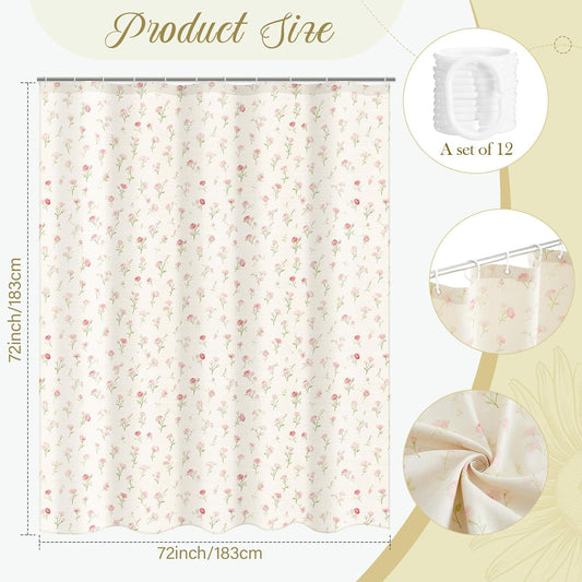 Boao Floral Shower Curtain, Linen Blend Farmhouse Cottagecore Boho Bathroom Curtain, Rustic Wildflower Summer water Resistant Heavy Duty with Hooks, 72" W x 72" L(Pink Flower)