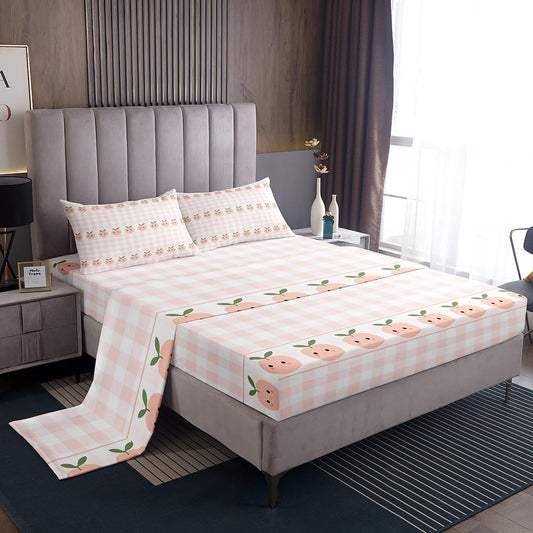 Homewish Peach Print Bed Sheets Full Size,Pink White Checkered Bedding Set 4Pcs for Kids Girls Boys Teens Room Decor,Cartoon Fruit Fitted Sheets Sweet Kawaii Top Flat Sheet,2 Pillowcases