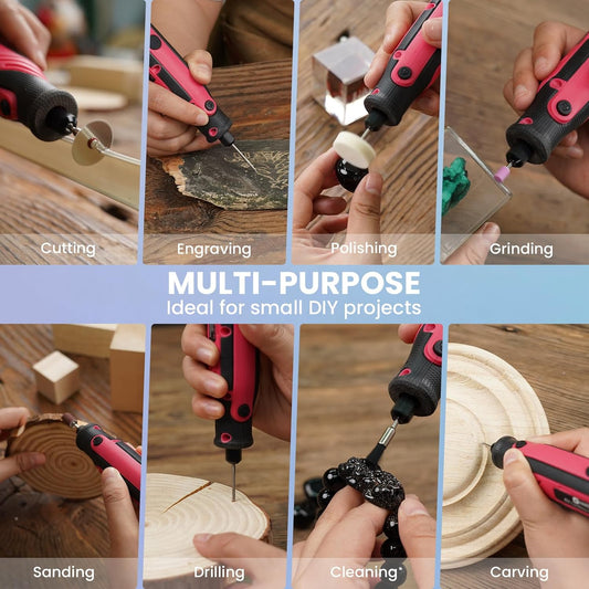 HARDELL Mini Cordless Rotary Tool, 5-Speed Rotary Tool Kit with 69 Accessories, 4V Power Rotary Tool for Cutting, Engraving, Sanding, Drilling, Polishing, Small Wood Carving tool or DIY Crafts(Pink)