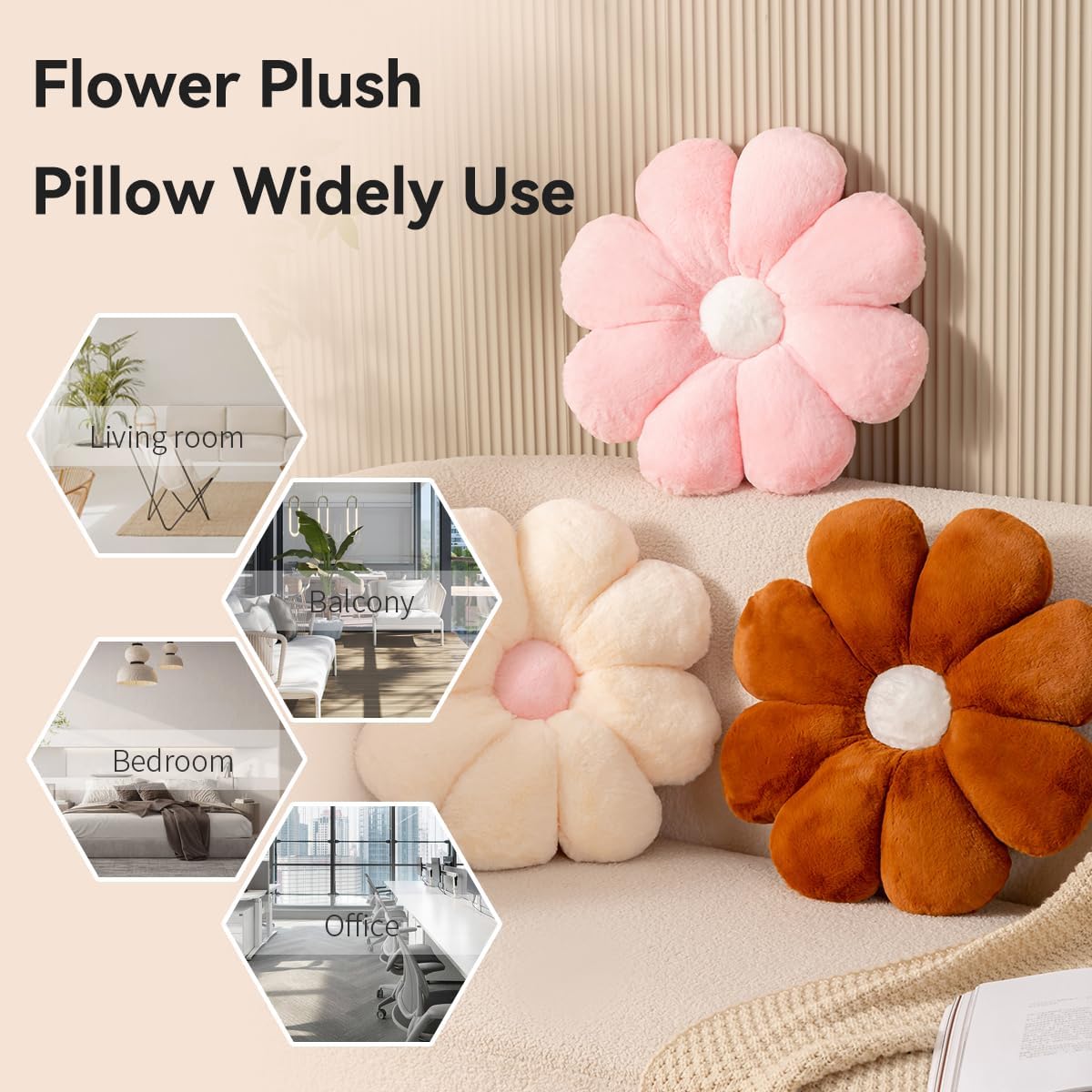 FIONOUT Pink Flower Pillow, 17.7In Daisy Pillow,Cute Floor Cushions, Room Decor & Flower Shaped Throw Pillows for Bed Couch Chair (45CM Pink)