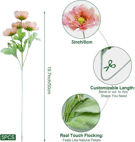 Artificial Poppies Flowers, Fake Flowers 5 Stems for Home Decor 19.7inches Silk Flowers Realistic Arrangement (Peach)
