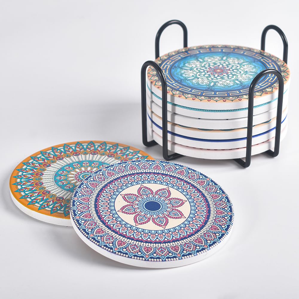 Newk Ceramic Absorbent Coasters - Set of 8 with Metal Holder, Light Colorful Mandala Patterns for Coffee Table, Great Housewarming Gifts