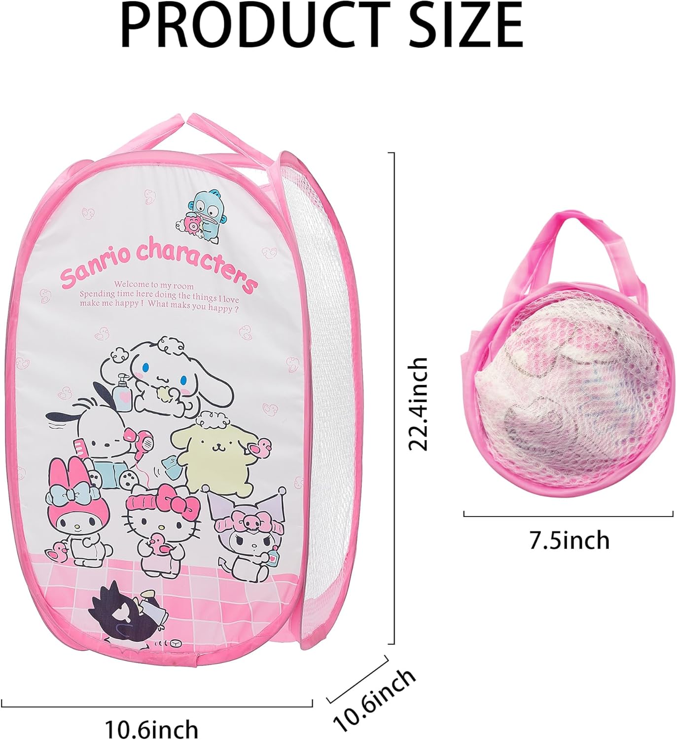 Cute Mesh Popup Laundry Hamper with Carry Handles, Large Capacity Foldable Lightweight Dirty Clothes Basket for Girls Room, Dorm | Travel & Camping