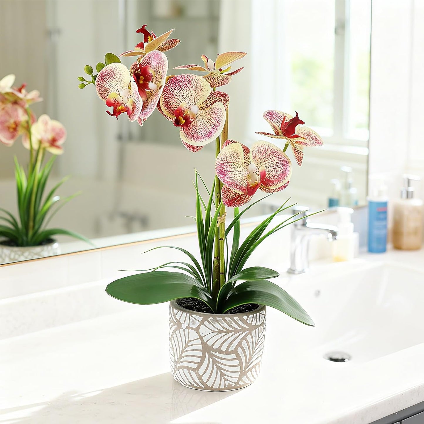 Artificial Orchid Flower Plant, 14.9'' Real Touch Faux Orchid Pink with Ceramic Vase, Fake Orchid Arrangements Home Office Decor Indoor Outdoor Wedding Table Centerpieces