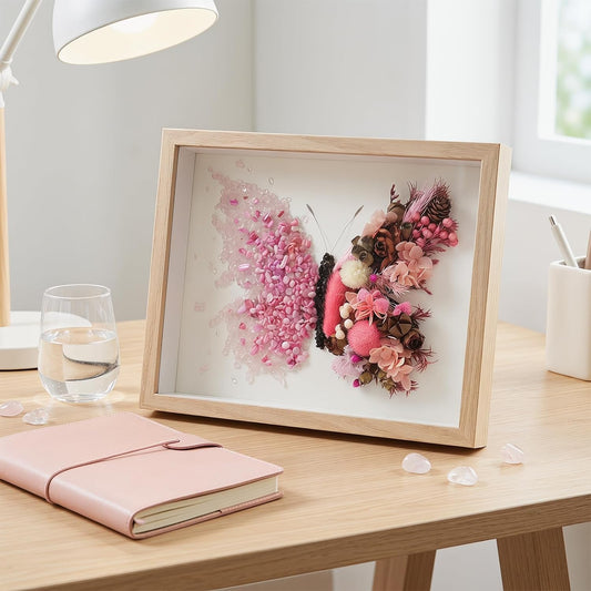 Crystal Wooden Frame Art Multi Purpose Elegant Butterfly Wall Decor with Tools Versatile Handmade Craft for Family Bonding&Group Party (Pink)