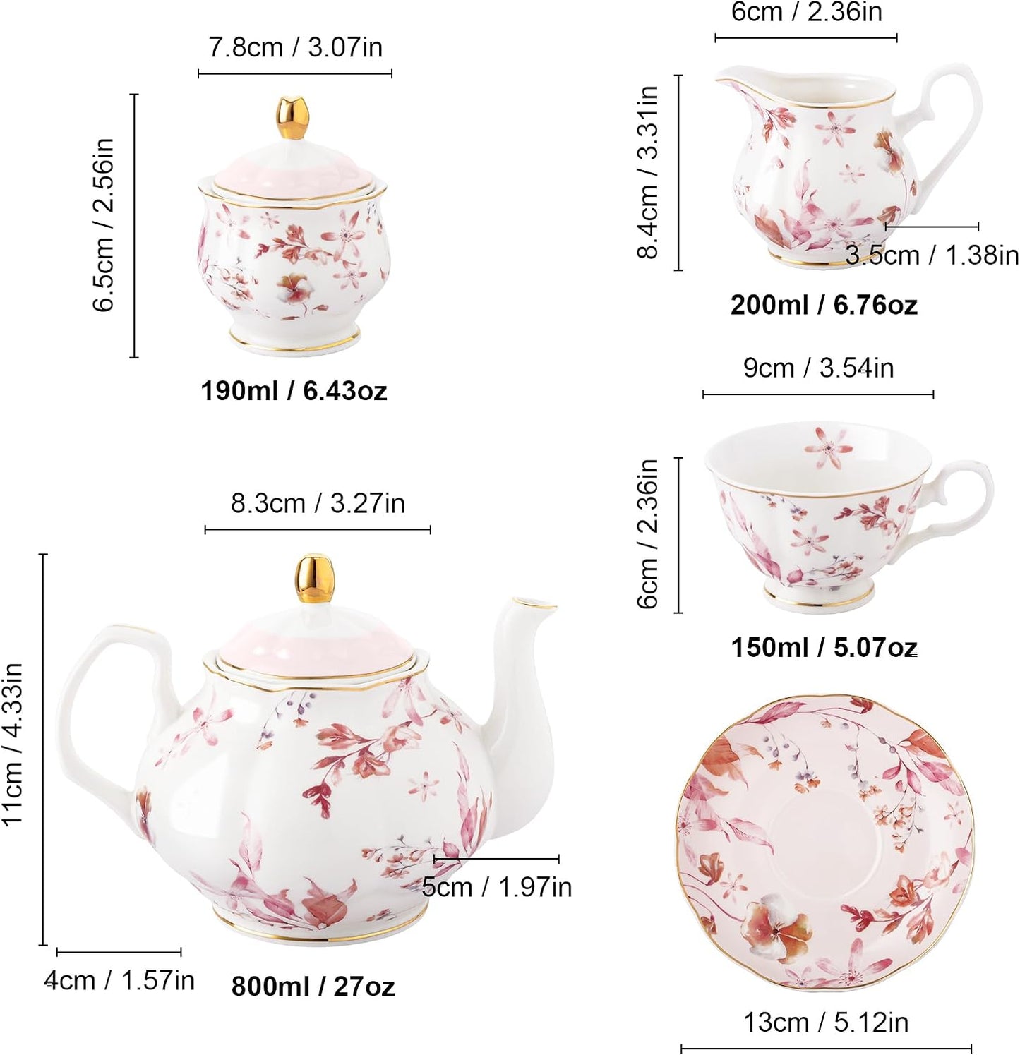 fanquare 21 Pieces British Porcelain Tea Set with Gold Trim, Pink Autumn Leaves Floral Tea Sets for Women Tea Party, 6 Teacup and Saucers for Coffee Home Wedding