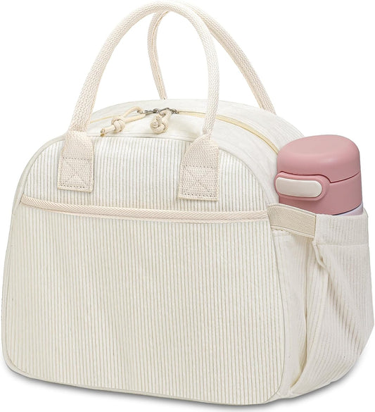Carry bloom Lunch Box for Women, Insulated Lunch Bag Cute Corduroy Lunchbag Reusable Lunchbox for Work (flower bow pink)