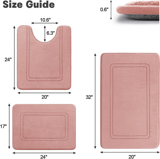 YIHOUSE Memory Foam Bath Mat Set, Bathroom Rugs Sets 3 Pieces, Non Slip Bath Mats for Bathroom, Super Soft and Water Absorbent Bath Rug Set, Machine Washable U Shape Toilet Rug,Pink