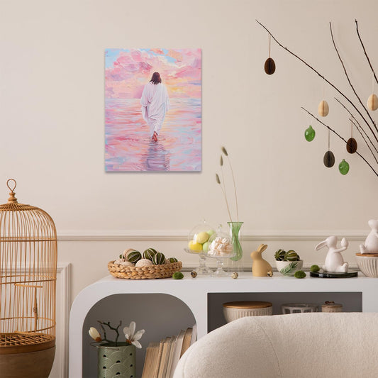 Qabliqo Jesus Walking on Water Framed Wall Art, Pink Pastel Christian Jesus Wall Decor, Christian Religious Canvas Poster Prints Pictures for Home Bedroom Living Room Church, 11x14 Inches