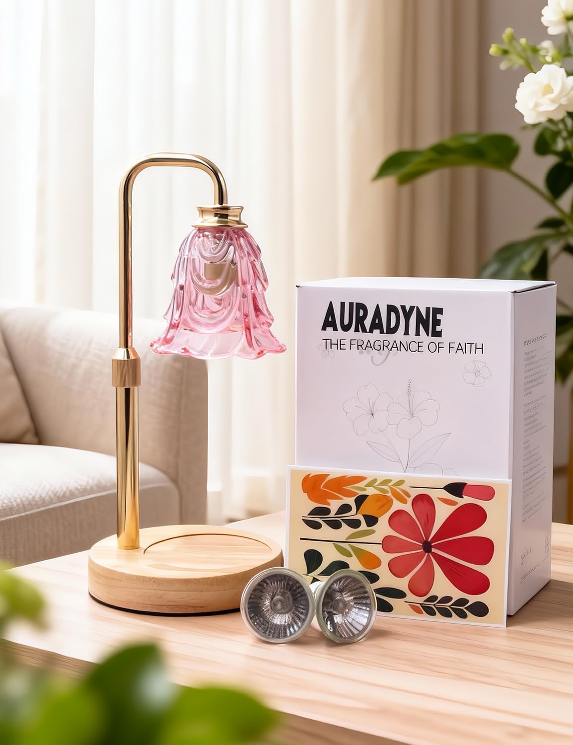 Candle Warmer Lamp, Pink Flower Glass Candle Lamp with Timer, Birthday Gifts for Mom Women, Dimmable Height Adjustable Home Gifts, Home Decor for Home Bedroom Office Fragrance