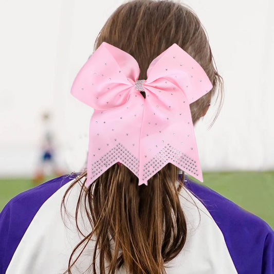 12PCS 8" Rhinestones Large Cheer Hair Bows for Girls, Hand-made Grosgrain Ribbon Hair Accessories for Teen Girls Softball Cheerleader Sport (Light Pink)